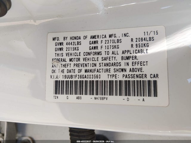 Aukcja sprzedaży 2016 Acura Tlx, vin: 19UUB1F36GA003560, numer aukcji: 45322837