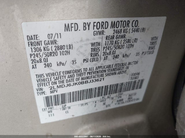 Продажа на аукционе авто 2011 Lincoln Mkx, vin: 2LMDJ6JK0BBJ33621, номер лота: 45322861
