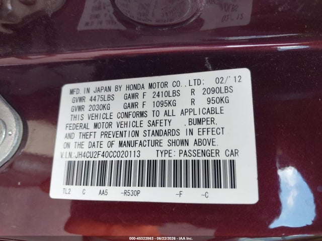 Продаж на аукціоні авто 2012 Acura Tsx 2.4, vin: JH4CU2F40CC020113, номер лоту: 45322863