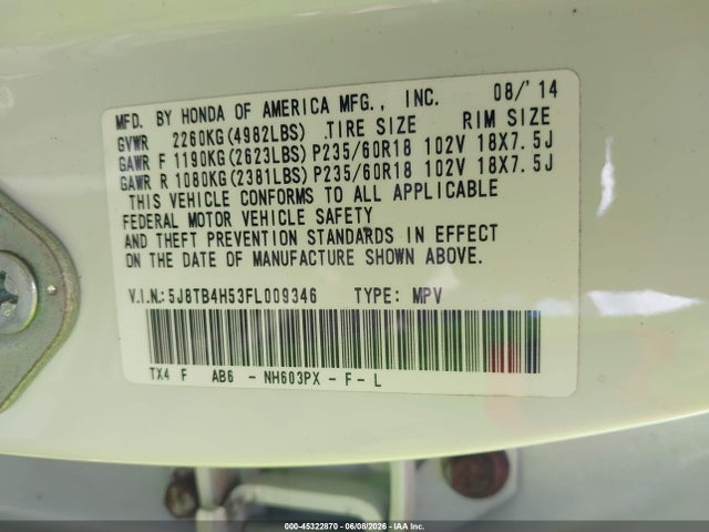 Aukcja sprzedaży 2015 Acura Rdx, vin: 5J8TB4H53FL009346, numer aukcji: 45322870