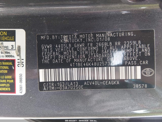45322871 :رقم المزاد ، 4T1BE46K48U257379 vin ، 2008 Toyota Camry Xle مزاد بيع