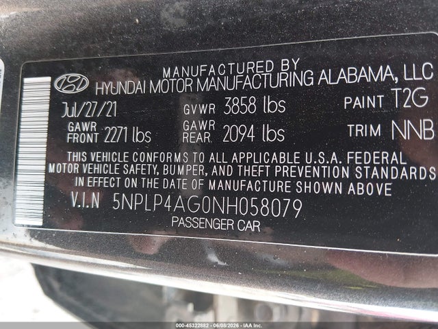 2022 Hyundai Elantra Limited მანქანა იყიდება აუქციონზე, vin: 5NPLP4AG0NH058079, აუქციონის ნომერი: 45322882