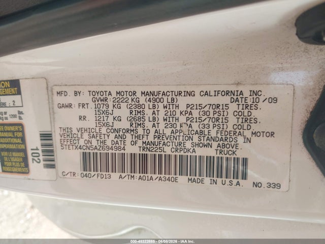 2010 Toyota Tacoma მანქანა იყიდება აუქციონზე, vin: 5TETX4CN5AZ694984, აუქციონის ნომერი: 45322885