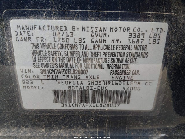 3N1CN7APXEL828007 Nissan Versa 1.6 Sv