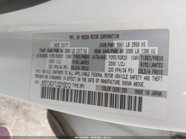 Продаж на аукціоні авто 2018 Mazda Cx-9 Grand Touring, vin: JM3TCADY7J0216012, номер лоту: 45322900