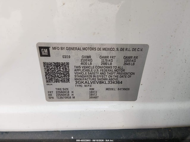 45322903 :رقم المزاد ، 3GKALVEV8KL334364 vin ، 2019 Gmc Terrain Slt مزاد بيع