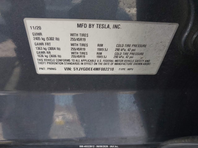 Продаж на аукціоні авто 2021 Tesla Model Y Long Range Dual Motor All-wheel Drive, vin: 5YJYGDEE4MF082218, номер лоту: 45322912