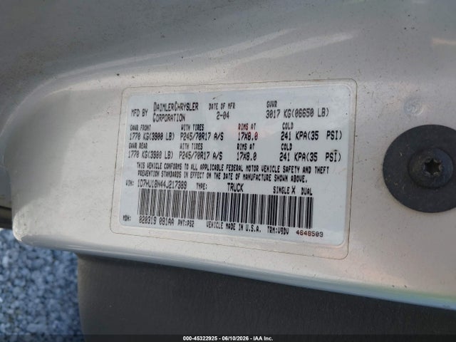 2004 Dodge Ram 1500 Slt/laramie მანქანა იყიდება აუქციონზე, vin: 1D7HU18N44J217389, აუქციონის ნომერი: 45322925