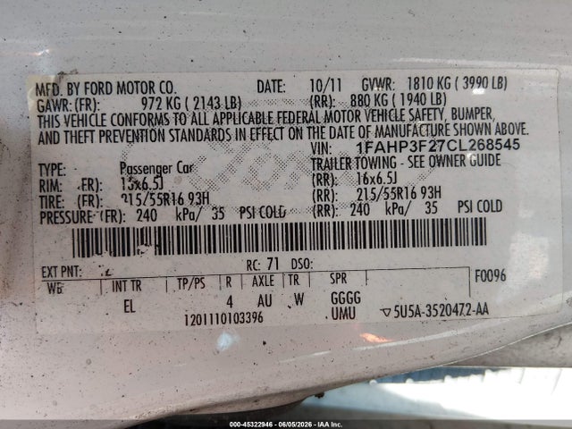 2012 Ford Focus Se მანქანა იყიდება აუქციონზე, vin: 1FAHP3F27CL268545, აუქციონის ნომერი: 45322946