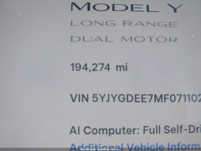 2021 Tesla Model Y Long Range Dual Motor All-wheel Drive მანქანა იყიდება აუქციონზე, vin: 5YJYGDEE7MF071102, აუქციონის ნომერი: 45322952