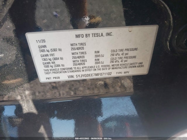 2021 Tesla Model Y Long Range Dual Motor All-wheel Drive მანქანა იყიდება აუქციონზე, vin: 5YJYGDEE7MF071102, აუქციონის ნომერი: 45322952