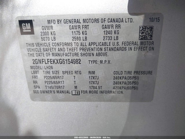 Aukcja sprzedaży 2016 Chevrolet Equinox Lt, vin: 2GNFLFEKXG6154982, numer aukcji: 45322955