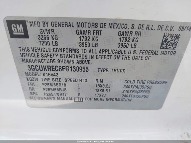 Aukcja sprzedaży 2015 Chevrolet Silverado 1500 Lt, vin: 3GCUKREC8FG130955, numer aukcji: 45322978