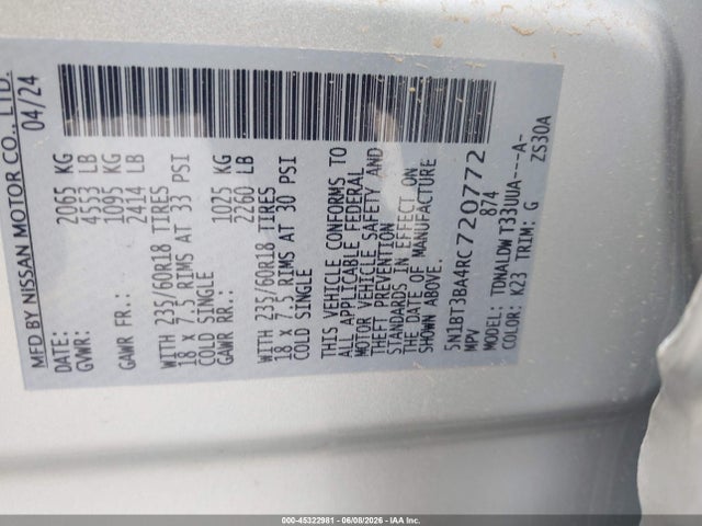 45322981 :رقم المزاد ، 5N1BT3BA4RC720772 vin ، 2024 Nissan Rogue Sv Fwd مزاد بيع