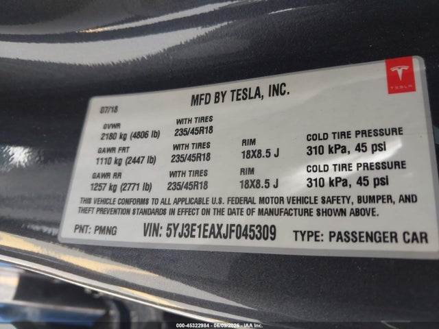 Tesla Model 3 Long Range/mid Range 2018 5YJ3E1EAXJF045309 Image 9