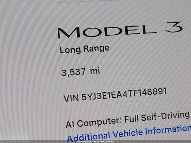 Продажа на аукционе авто 2026 Tesla Model 3 Premium Rear-wheel Drive/rear-wheel Drive, vin: 5YJ3E1EA4TF148891, номер лота: 45323024
