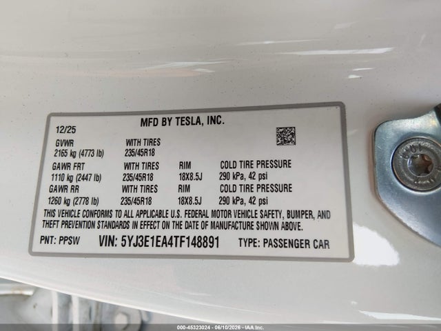 45323024 :رقم المزاد ، 5YJ3E1EA4TF148891 vin ، 2026 Tesla Model 3 Premium Rear-wheel Drive/rear-wheel Drive مزاد بيع