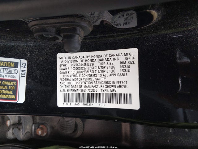 45323026 :رقم المزاد ، 2HKRM4H36EH720835 vin ، 2014 Honda Cr-v Lx مزاد بيع