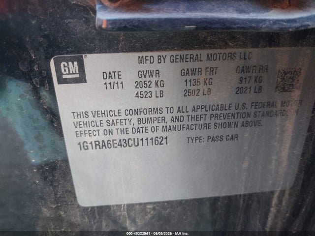 45323041 :رقم المزاد ، 1G1RA6E43CU111621 vin ، 2012 Chevrolet Volt مزاد بيع