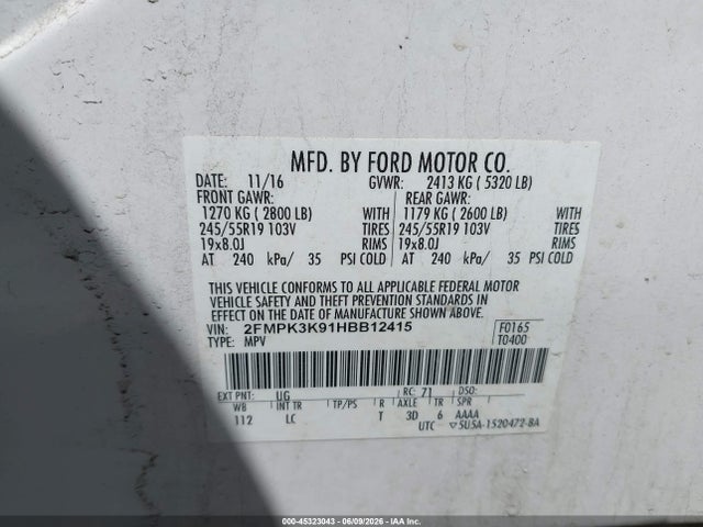 45323043 :رقم المزاد ، 2FMPK3K91HBB12415 vin ، 2017 Ford Edge Titanium مزاد بيع