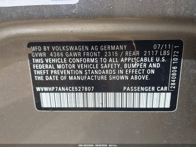 Aukcja sprzedaży 2012 Volkswagen Cc Lux, vin: WVWHP7AN4CE527807, numer aukcji: 45323048