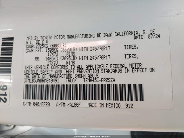 45323061 :رقم المزاد ، 3TMLB5JN0RM040491 vin ، 2024 Toyota Tacoma Sr5 مزاد بيع
