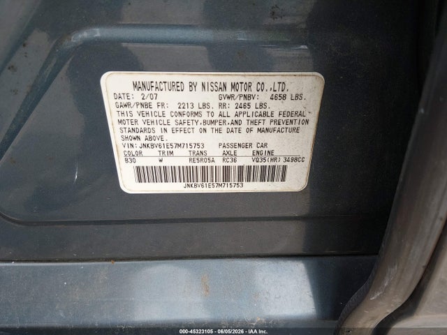 45323105 :رقم المزاد ، JNKBV61E57M715753 vin ، 2007 Infiniti G35 Journey مزاد بيع