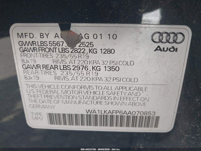 45323106 :رقم المزاد ، WA1LKAFP6AA070853 vin ، 2010 Audi Q5 3.2 Premium مزاد بيع