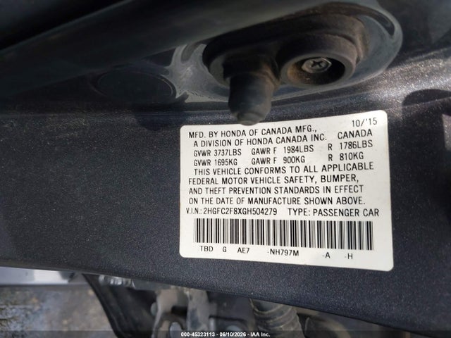 Aukcja sprzedaży 2016 Honda Civic Ex, vin: 2HGFC2F8XGH504279, numer aukcji: 45323113