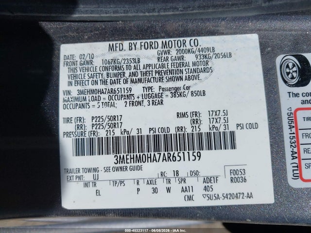 Aukcja sprzedaży 2010 Mercury Milan, vin: 3MEHM0HA7AR651159, numer aukcji: 45323117