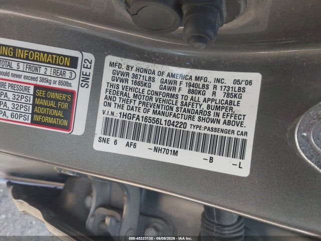 Aukcja sprzedaży 2006 Honda Civic Lx, vin: 1HGFA16556L104220, numer aukcji: 45323130