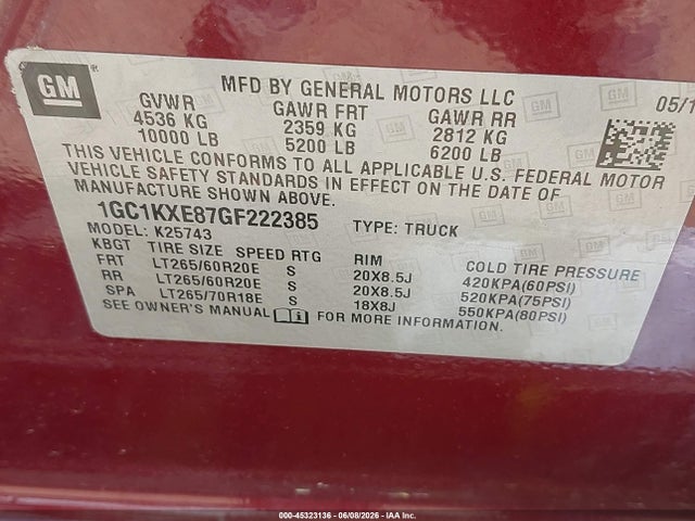 45323136 :رقم المزاد ، 1GC1KXE87GF222385 vin ، 2016 Chevrolet Silverado 2500hd High Country مزاد بيع