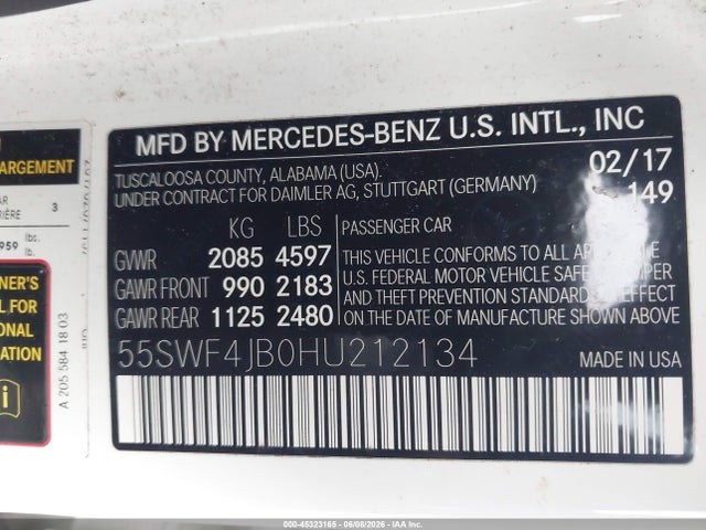 2017 Mercedes-benz C 300 მანქანა იყიდება აუქციონზე, vin: 55SWF4JB0HU212134, აუქციონის ნომერი: 45323165