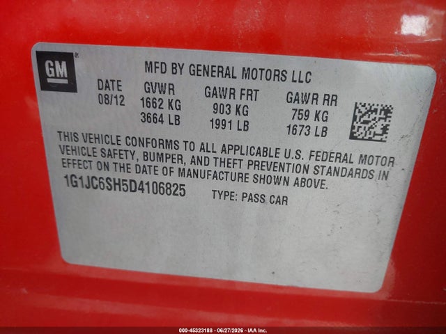 Auction sale of the 2013 Chevrolet Sonic Lt Auto, vin: 1G1JC6SH5D4106825, lot number: 45323188