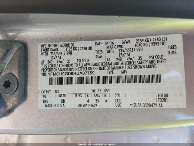 Aukcja sprzedaży 2017 Ford Escape Se, vin: 1FMCU9GD8HUA07759, numer aukcji: 45323191