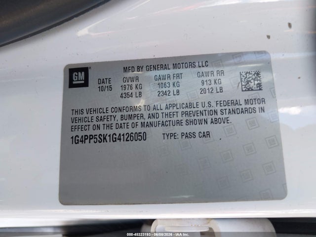 2016 Buick Verano მანქანა იყიდება აუქციონზე, vin: 1G4PP5SK1G4126050, აუქციონის ნომერი: 45323193