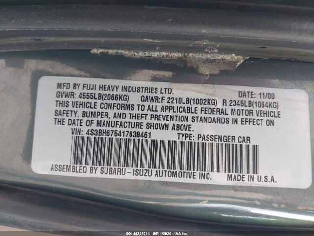 Aukcja sprzedaży 2001 Subaru Outback, vin: 4S3BH675417638461, numer aukcji: 45323214