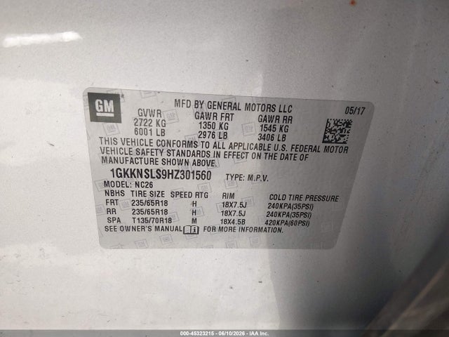 Продаж на аукціоні авто 2017 Gmc Acadia Sle-2, vin: 1GKKNSLS9HZ301560, номер лоту: 45323215