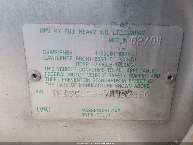 2004 Subaru Forester 2.5xs მანქანა იყიდება აუქციონზე, vin: JF1SG65694H758520, აუქციონის ნომერი: 45323219