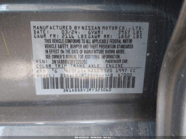 45323225 :رقم المزاد ، 3N1AB8BV3RY325060 vin ، 2024 Nissan Sentra S Xtronic Cvt مزاد بيع