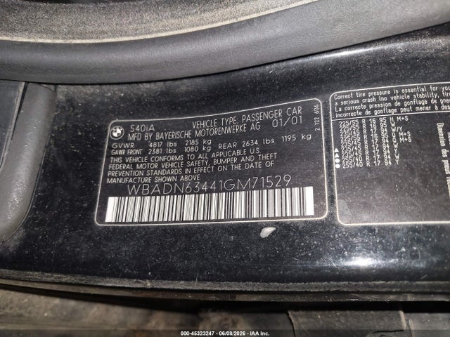 Aukcja sprzedaży 2001 Bmw 540ia, vin: WBADN63441GM71529, numer aukcji: 45323247