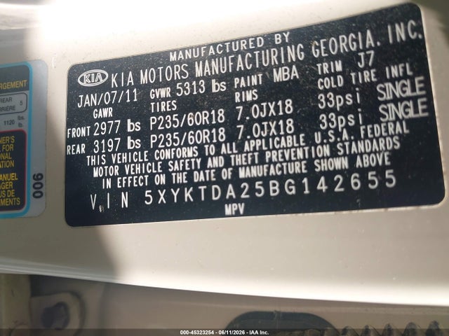 Aukcja sprzedaży 2011 Kia Sorento Lx V6, vin: 5XYKTDA25BG142655, numer aukcji: 45323254