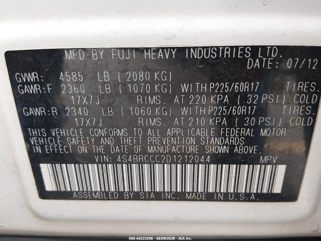 45323266 :رقم المزاد ، 4S4BRCCC2D1212044 vin ، 2013 Subaru Outback 2.5i Premium مزاد بيع