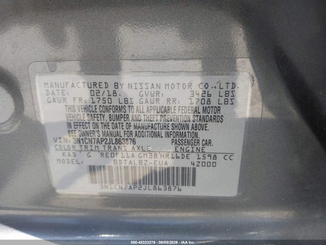 45323276 :رقم المزاد ، 3N1CN7AP2JL863876 vin ، 2018 Nissan Versa 1.6 Sv مزاد بيع