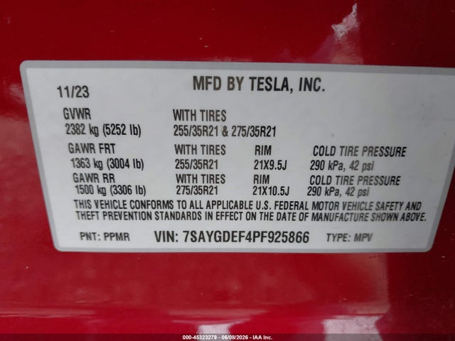 Aukcja sprzedaży 2023 Tesla Model Y Performance Dual Motor All-wheel Drive, vin: 7SAYGDEF4PF925866, numer aukcji: 45323279
