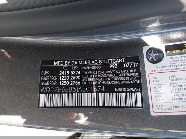 Aukcja sprzedaży 2018 Mercedes-benz Amg E 43 4matic, vin: WDDZF6EB5JA301674, numer aukcji: 45323287