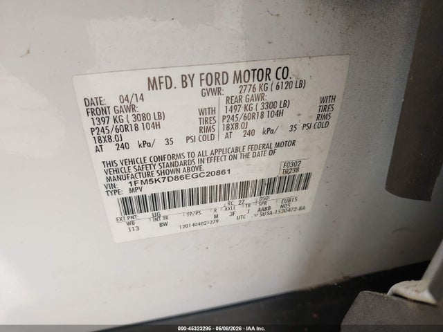 Aukcja sprzedaży 2014 Ford Explorer Xlt, vin: 1FM5K7D86EGC20861, numer aukcji: 45323295