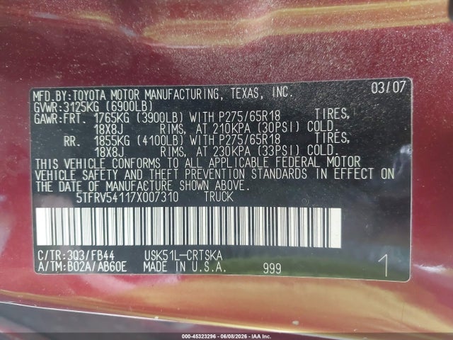 Aukcja sprzedaży 2007 Toyota Tundra Sr5 V8, vin: 5TFRV54117X007310, numer aukcji: 45323296