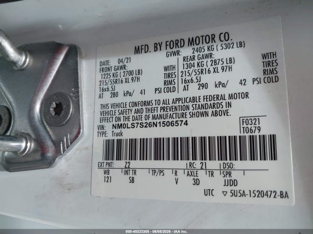 Aukcja sprzedaży 2022 Ford Transit Connect Xl, vin: NM0LS7S26N1506574, numer aukcji: 45323305