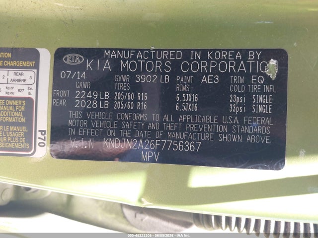 45323306 :رقم المزاد ، KNDJN2A26F7756367 vin ، 2015 Kia Soul مزاد بيع